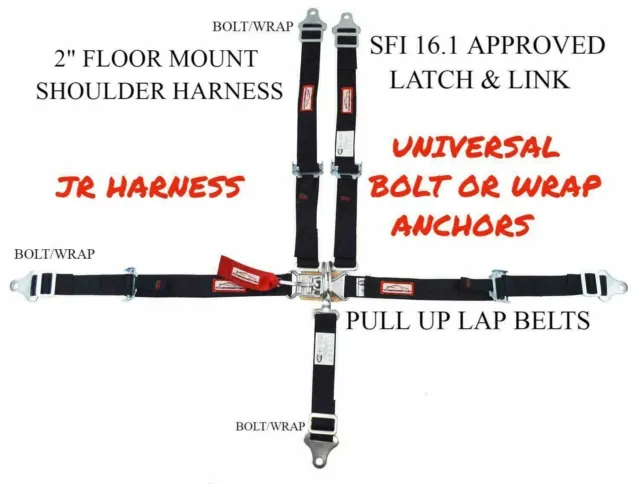 Quarter Midget Universal 5 Pt 2" Racing Harness Sfi 16.1 Latch Floor Mount Black