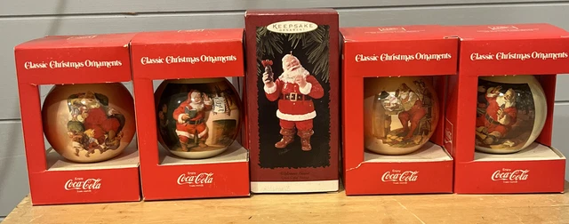 COCA-COLA GLASS CHRISTMAS ORNAMENTS SANTA Christmas Lot of 5