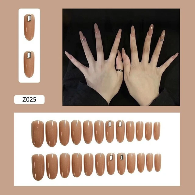 Naked Pink Nail Solid Rhinestones Line Oval Full Artificial Nail Fashion Cute