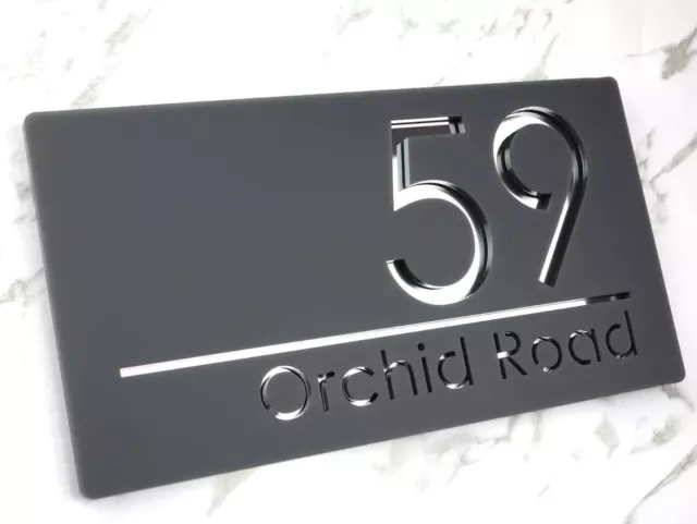 Contemporary Laser Cut House Sign Matt Gray & Mirrored Numbers 300mm x 160mm