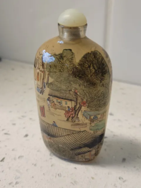 Unusual Antique Reverse Painted Glass Snuff Bottle with Celluloid Stopper