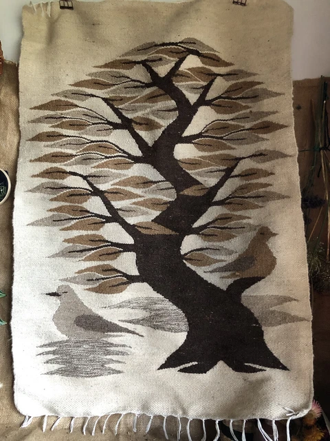handcrafted vintage Cream Brown Wool tapestry Tree Leaves Birds wall art
