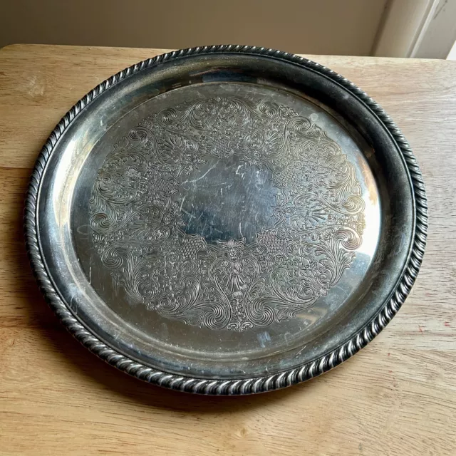 Vintage WM. Rogers Silver Plate 12" Round Serving Platter Tray Engraved Flowers