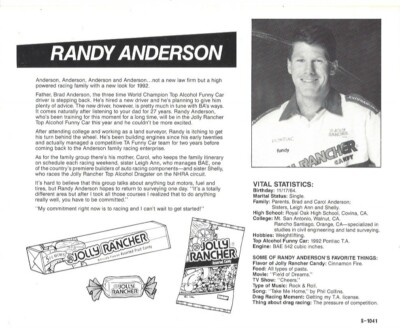 Randy Anderson Jolly Rancher NHRA Top Alcohol Funny Car Handout/Hero Card 1992 2