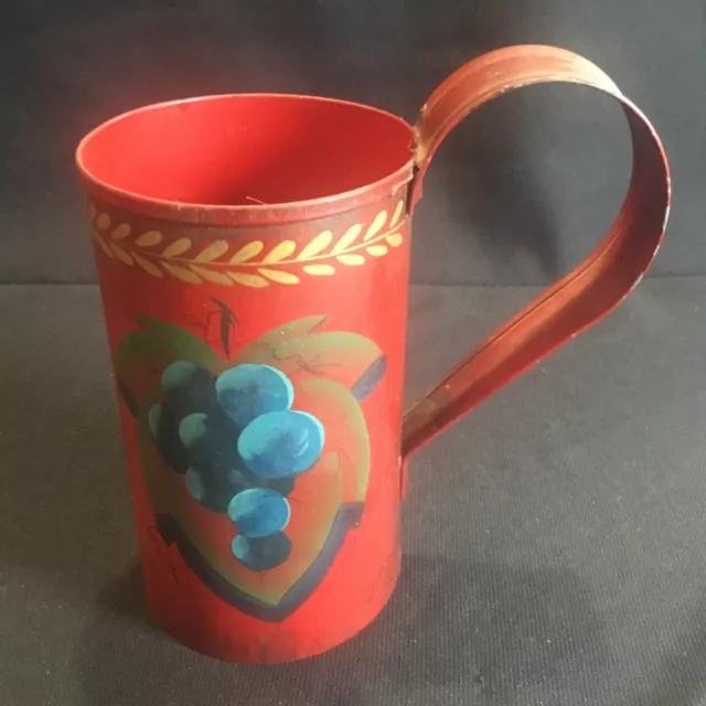 Vintage Hand Painted Red Toleware Tankard Cup Mug Grapes Signed by Artist