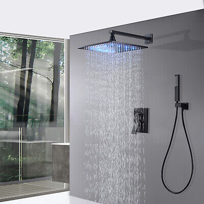 Black Shower Faucet Set Rainfall Shower Head Combo w/ Mixer Valve Kit Wall Mount