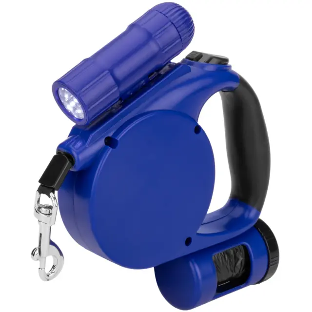 Correa extensible para mascotas color azul con dispensador de bolsas