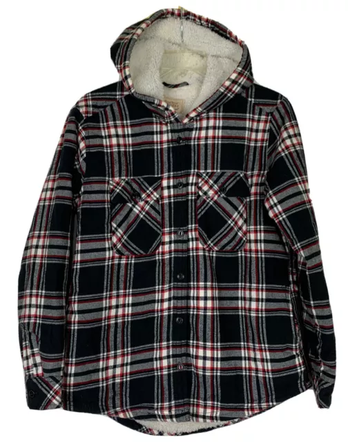 BOSTON TRADERS HOODIE Jacket mens Black White Red Plaid Flannel Sherpa Lined L 15.99 PicClick UK