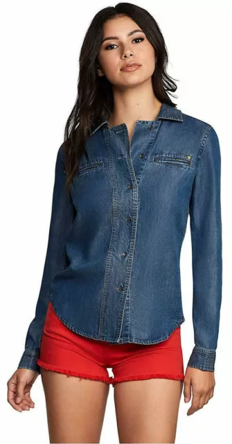 True Religion Women's X Manchester United Denim Long Sleeve Button Up Shirt Top