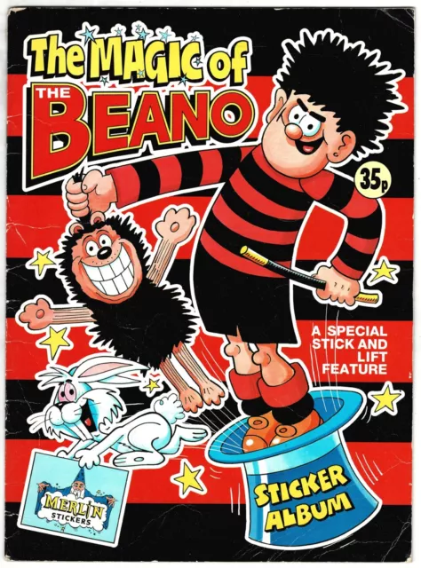 Magic of The Beano comic Merlin sticker album, mostly unused 1989 combined P&P