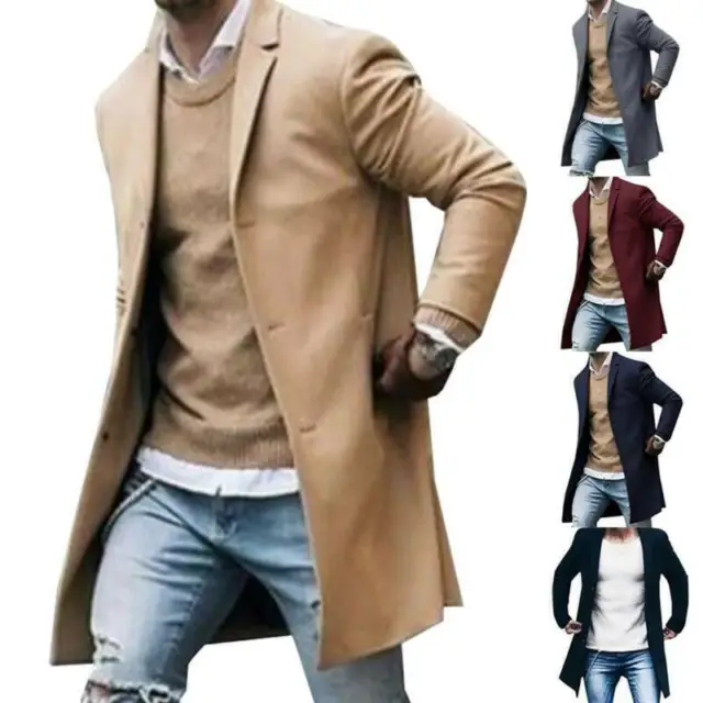 Mens Winter Warm Trench Coat Single Breasted Outwear Long Jacket Modern Overcoat