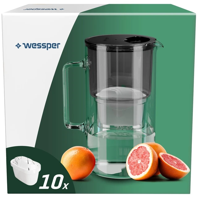 FILTRO ACQUA WESSPER Glas caraffa 2,5L + 10 cartucce, riduce calcare e