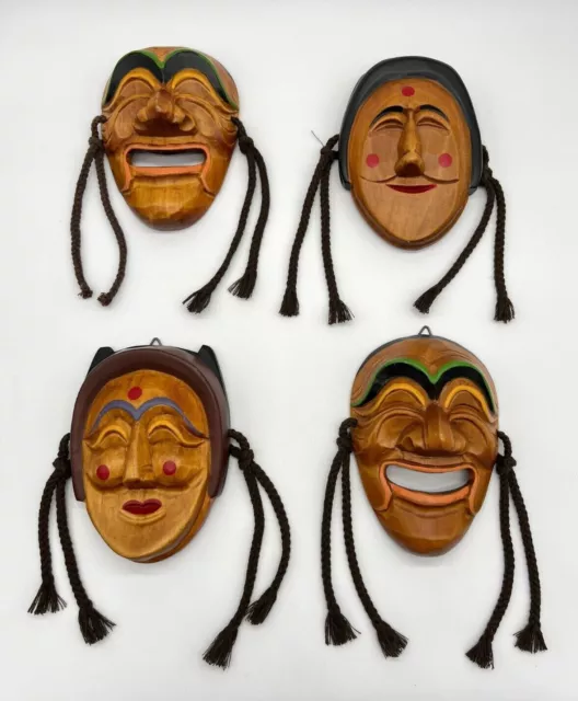 Four VTG Traditional Korean Hand Carved Wooden Theater Masks Hahoetal Tulchum