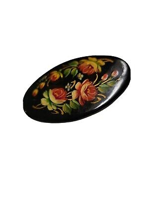 Vintage Russian Hand Painted Oval  Wooden Brooch Pin Floral Wood Lacquer