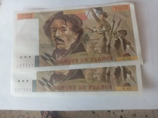 2 billets de 100 francs delacroix qui se suivent