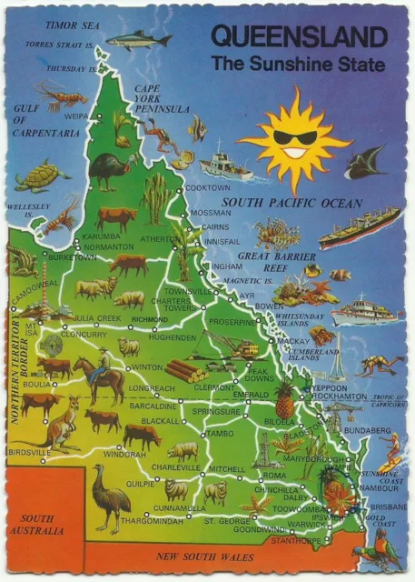 Queensland Australia, Vintage Postcard, Map of the Sunshine State, 1976