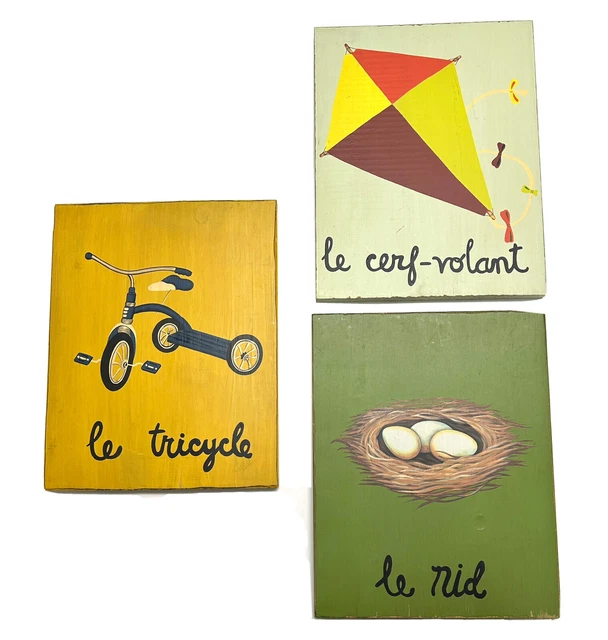Pottery Barn Kids Painted Wood Wall Art 11” x 14” Plaque French Set Of 3