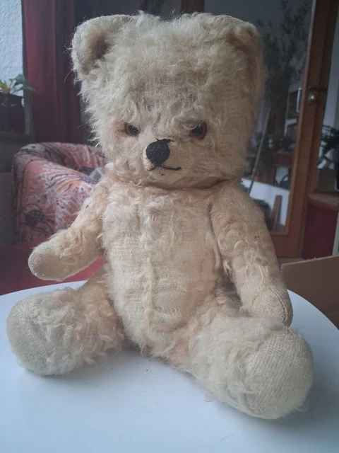 Ancien Ours En Peluche Vers 1920 – Jouet Usé Taché – Yeux Verre – Tête Mobile – 38 Cm