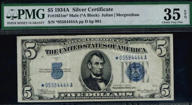 MULE STAR NOTE. $5 1934A Silver Certificate Mule Star Note. PMG 35 EPQ