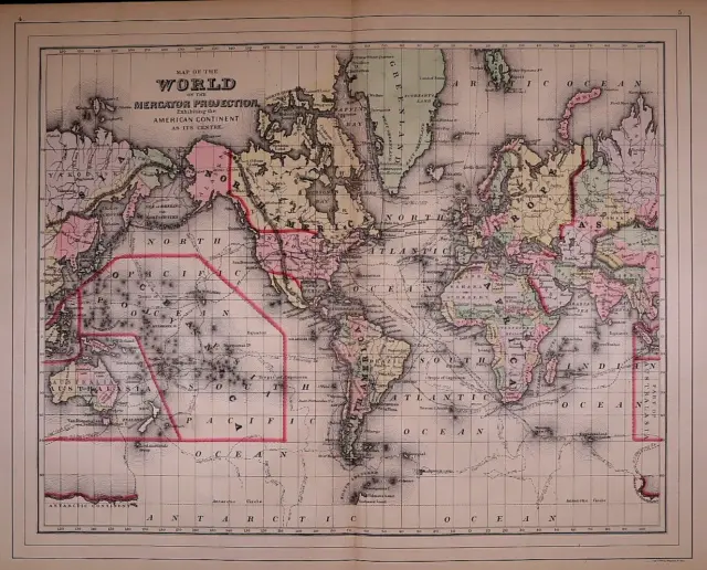 1887 Map of the WORLD on MERCATOR'S PROJECTION - EARLY OCEAN ROUTES (15X24)#1806