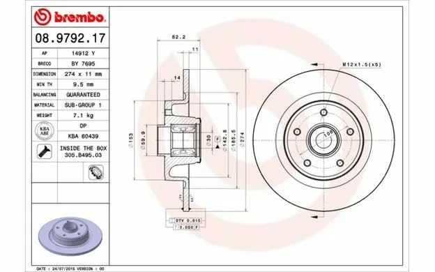 Brembo 08.9792.17 Disque de Frein Arrière avec roulement intégré et ABS - 1  Disque
