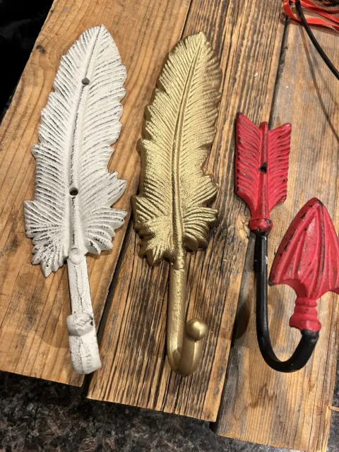 3 Cast Iron Hooks ~ Feather Hooks (2) & Arrow Hook (1)
