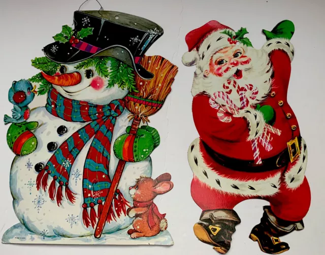 Vintage Christmas Die Cuts Santa With Candy Canes & Snowman With Bird Bunny