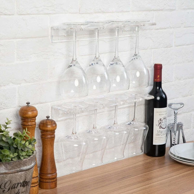 Clear Acrylic Wall Mounted 4-Slot Wine Glass Hanging Rack, Set of 2