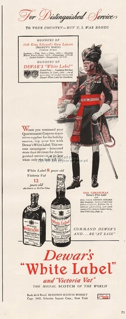 1942 Dewars Victoria Vat White Label King Edward Lancers Indian Army Print Ad