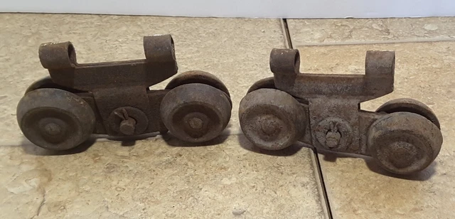 2 Antique Vintage Barn Door Track Rollers Wheels Cast Iron Hangers Parts As Is