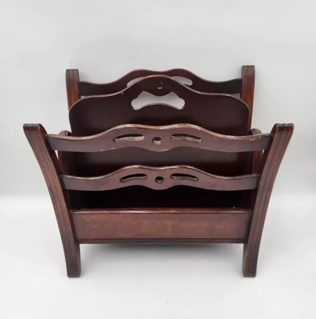 Vintage Mid-Century Butler Solid Mahogany Magazine Rack Holder Hand Carved Lace