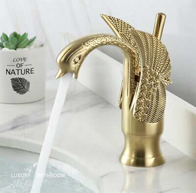 Brushed Gold Bathroom Sink Faucet Vintage Copper Swan Style Deck Mount Mixer Tap