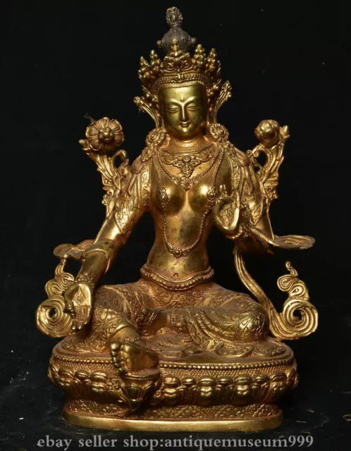 8.4" old Tibet Copper Green Tara Mahayana Buddhism enlightenment Goddess statue