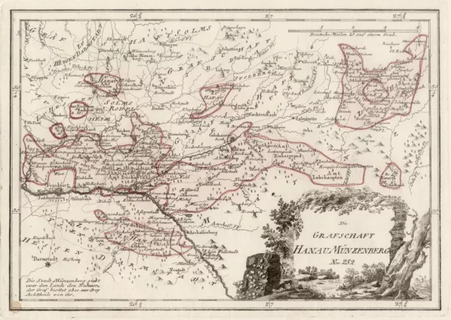 Hanau Münzenberg Original Kupferstich Landkarte Reilly 1791