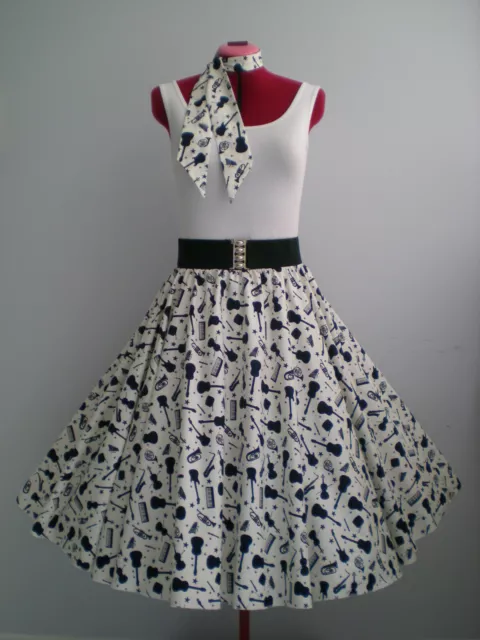 ROCK N ROLL/ROCKABILLY "Musical Instruments" SKIRT & SCARF XS-S White/Navy Blue.