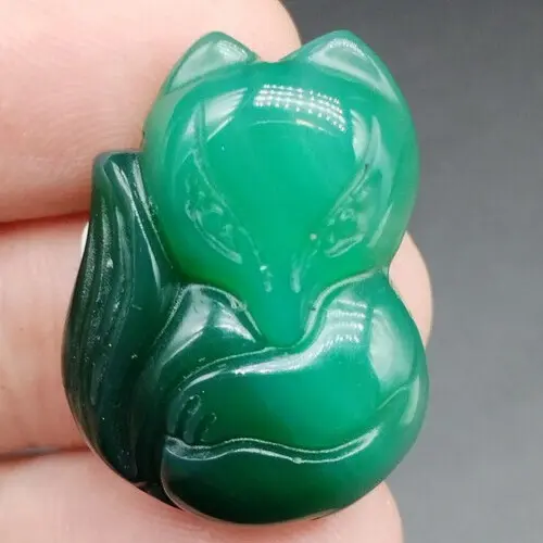 Certified Green Natural Agate Chalcedony Carved Fox Lucky Pendant