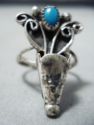 Rare Squash Blossom Vintage Navajo Turquoise Sterling Silver Ring Old