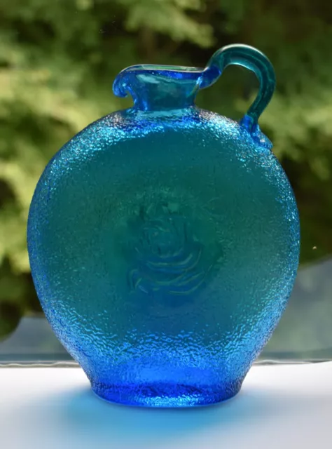 Blue Glass Pitcher Decanter Blown Iridescent Embossed Rose Textured Clevenger Br