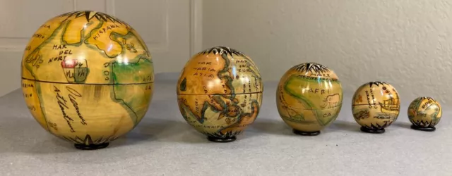 Nesting Doll Wooden Globes World Map Made Hand Painted Holland 5 Piece Vintage