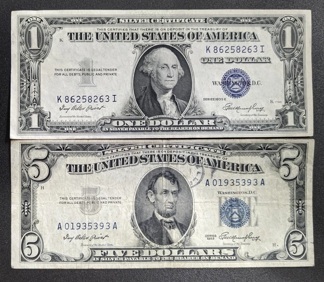 1935 $1 One Dollar and 1953 $5 Five Dollar Silver Certificates             (031)