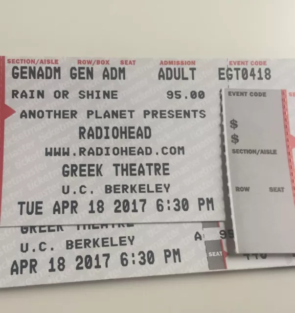 2 Hard Tickets GA Radiohead 4/18/17 Greek Theatre - Berkeley GA. UNUSED!