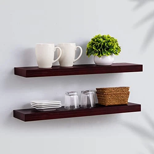 Floating Shelves, 24 Inch Mahogany Wall Shelf Set of 2, Rustic Solid Wood