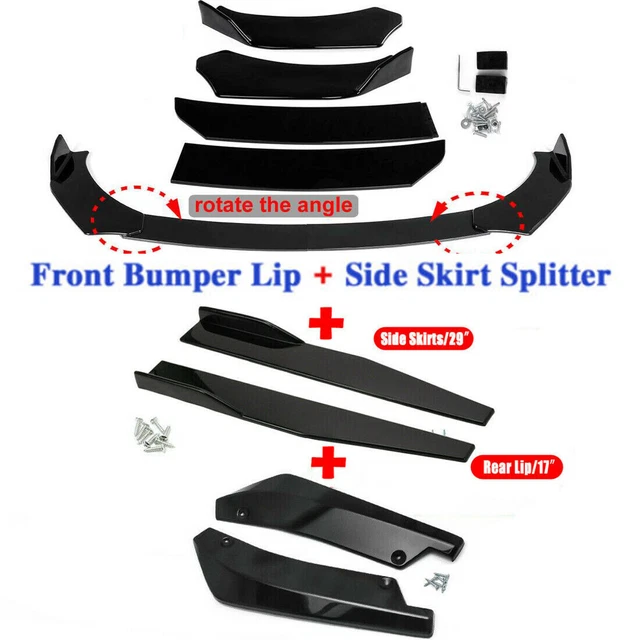 UNIVERSAL GLOSSY BLACK Car Bumper Spoiler Body Kit + Side Skirt + Rear
