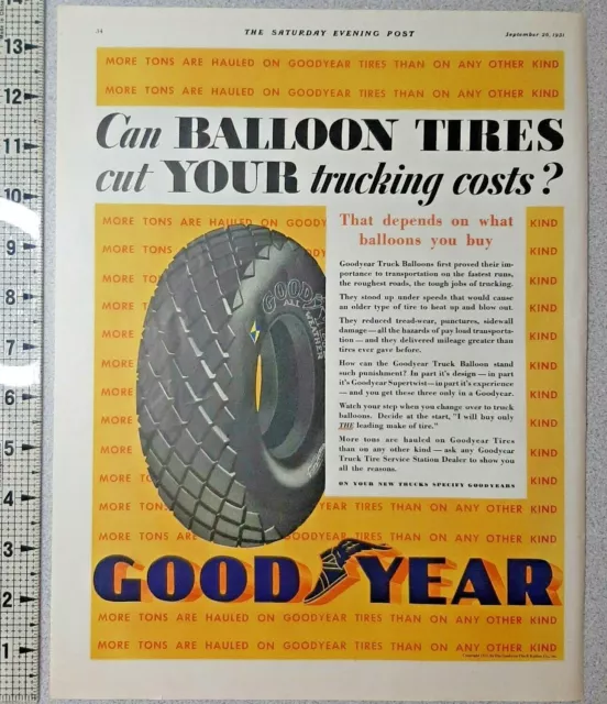 1931 Goodyear Vintage Print Ad Trucks Balloon Tires Supertwist Tread Transport