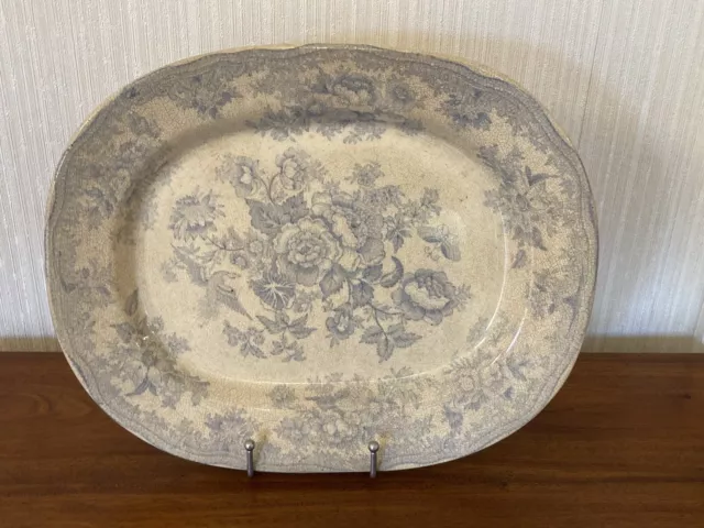 Antique Asiatic Pheasant Old Blue and White Plate Platter 32 cms x 26 cms