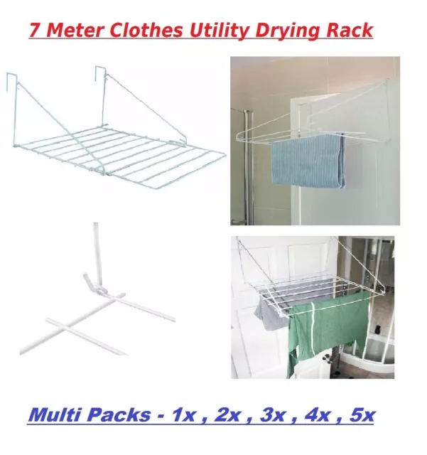 7m Folding Over The Door Utility Clothes Airer Balcony Caravan Dryer Rack White