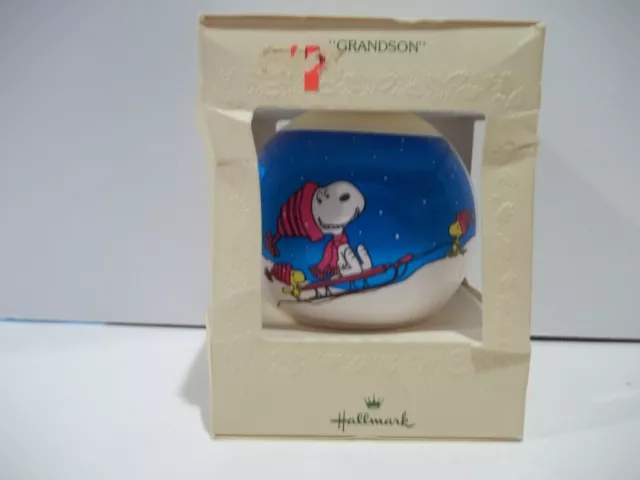 Hallmark Unbreakable Satin Ornament 1979 Grandson Ball Ornament Snoopy Peanuts