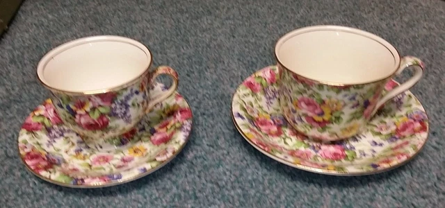 2 ROYAL WINTON GRIMWADES Summertime Chintz Teacups & Saucers Regular + Demitasse
