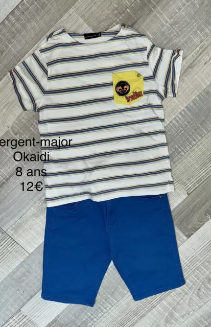 Sergent-major Okaidi 7 / 8 ANS Garçon: T Shirt Bleu Rayé + Short Été TBE