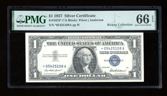 DBR 1957 $1 Silver STAR *A Block Gem Fr. 1619* PMG 66 EPQ Serial *05425108A